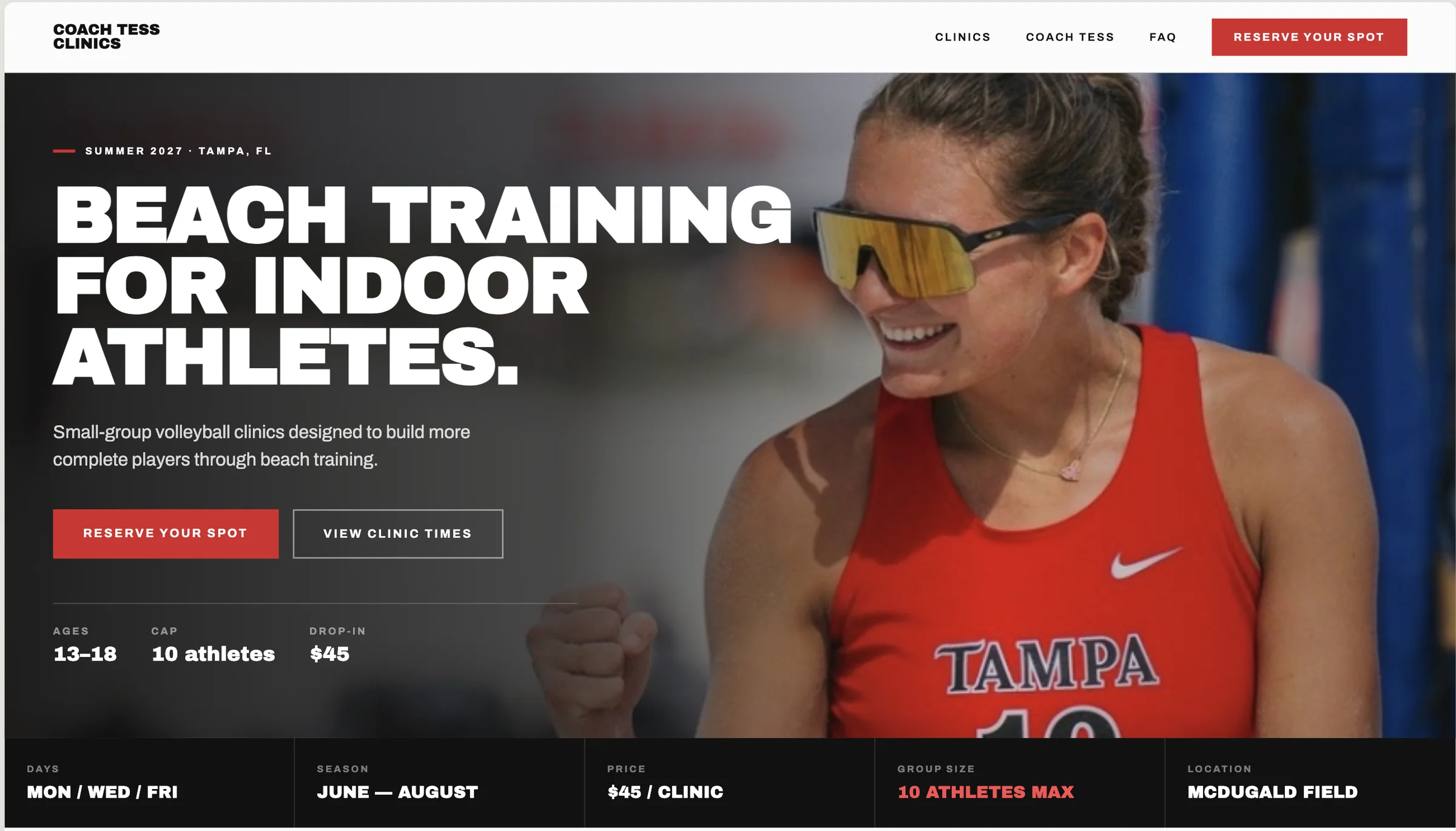The Coach Tess Clinics homepage, designed and built by House of Kin